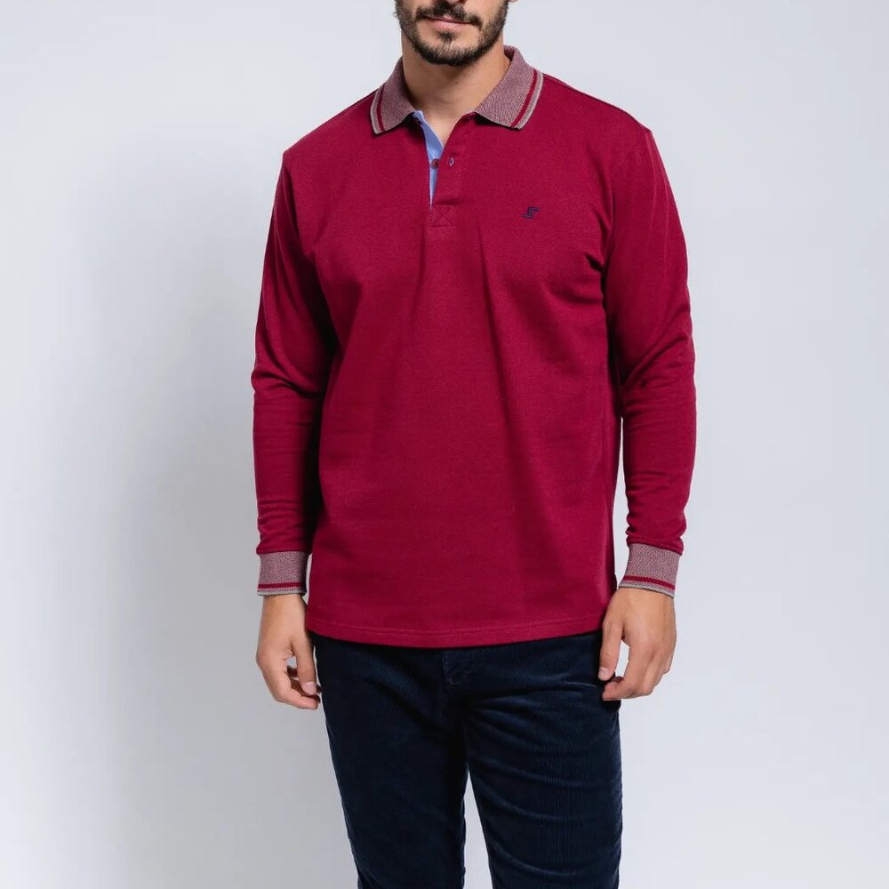 SMF Burgundy Knit Long Sleeve Button Up Knit Polo With Contrast Collar And Cuff